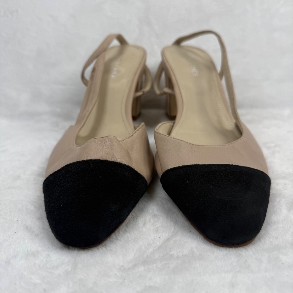 Marc Fisher Beige Leather Black Suede Cap Toe Slingback Block Heel Pumps 9.5 - Picture 6 of 14